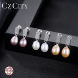 8-9mm Pearl Earring with Zircon Stone 925 Sterling Silver Drop Wedding Earrings