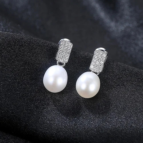 8-9mm Pearl Earring with Zircon Stone 925 Sterling Silver Drop Wedding Earrings