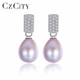 8-9mm Pearl Earring with Zircon Stone 925 Sterling Silver Drop Wedding Earrings