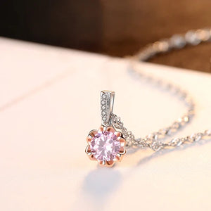 Classic Pink Zircon 925 Silver Pendant Necklace Water Wave Chain