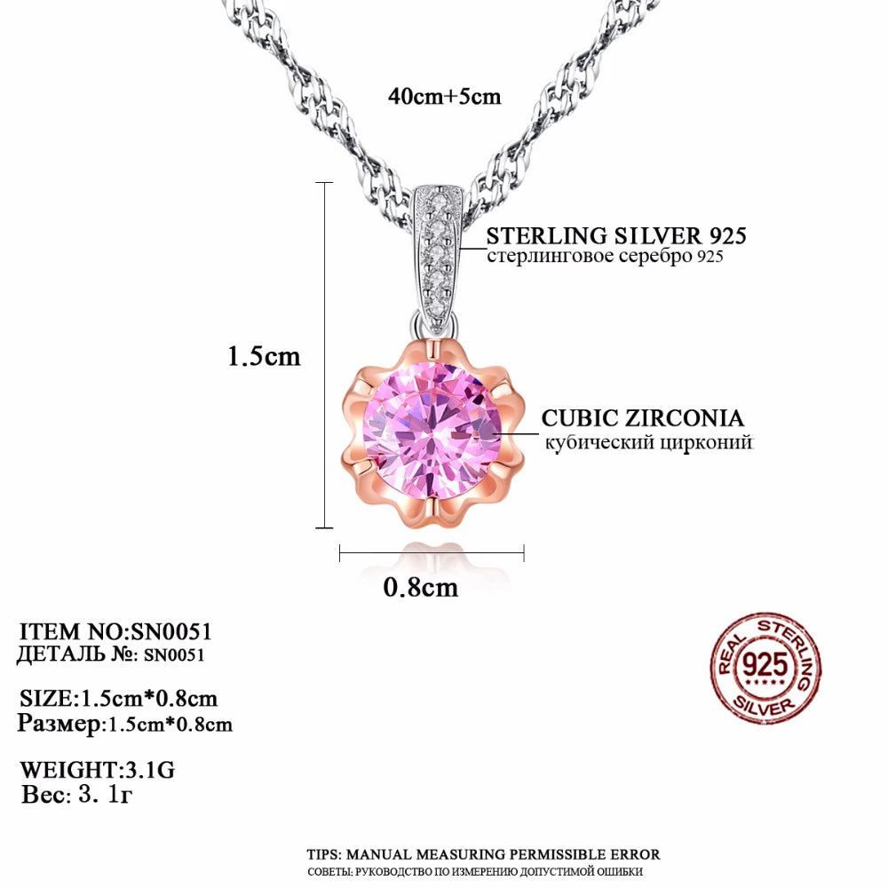 Classic Pink Zircon 925 Silver Pendant Necklace Water Wave Chain