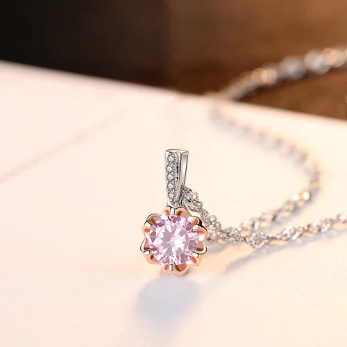 Classic Pink Zircon 925 Silver Pendant Necklace Water Wave Chain