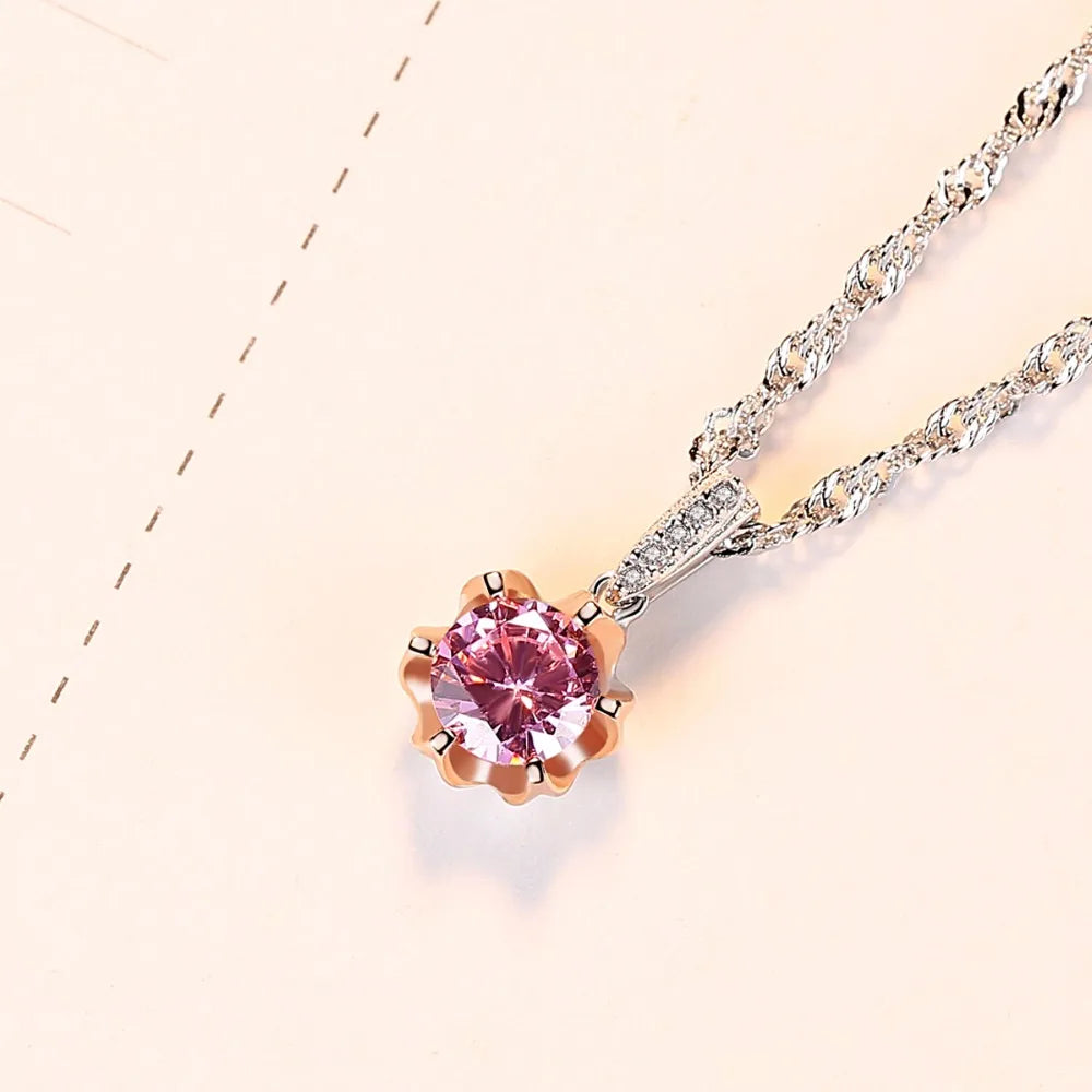 Classic Pink Zircon 925 Silver Pendant Necklace Water Wave Chain