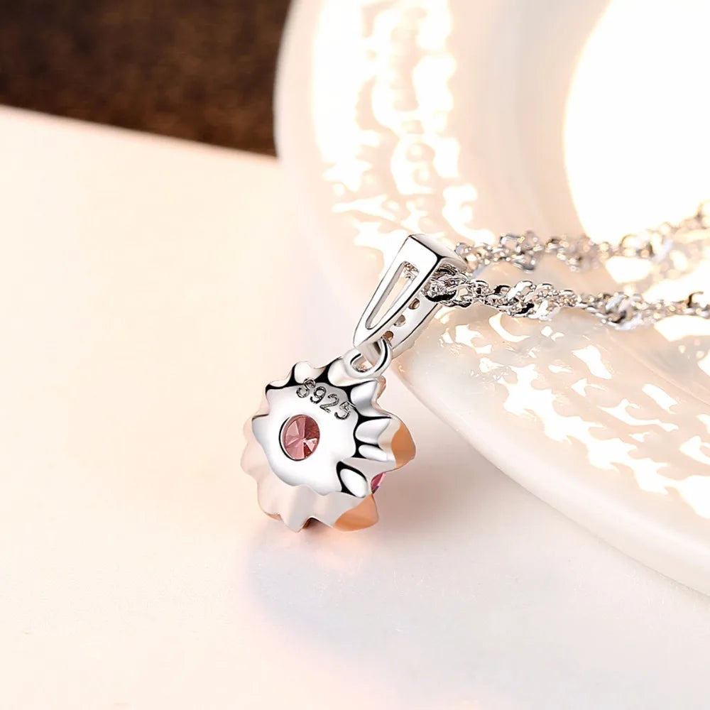 Classic Pink Zircon 925 Silver Pendant Necklace Water Wave Chain