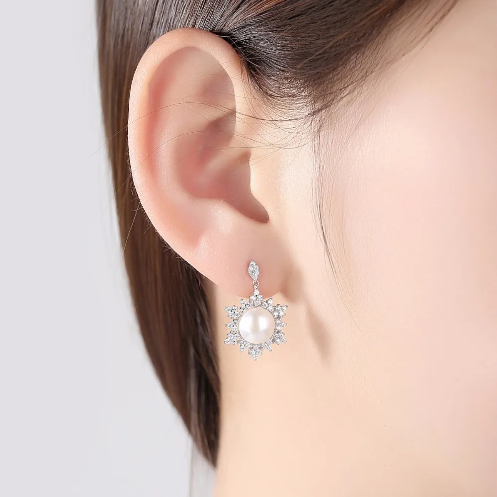 Vintage Snow CZ Stud Earrings Pearl Silver 925 Boho Gift