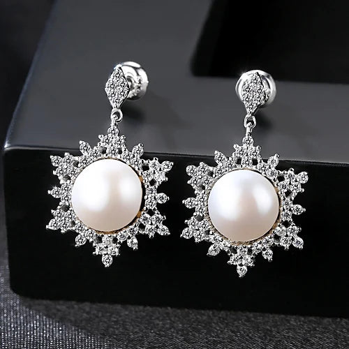 Vintage Snow CZ Stud Earrings Pearl Silver 925 Boho Gift