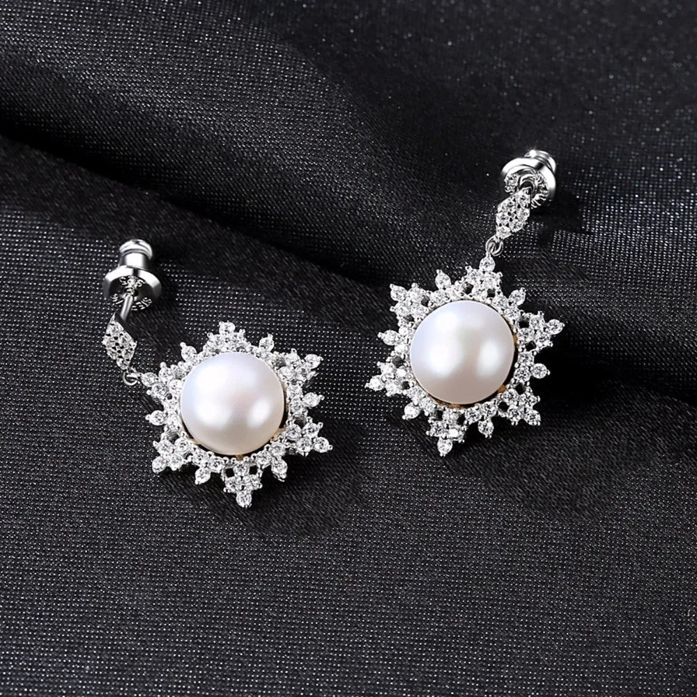 Vintage Snow CZ Stud Earrings Pearl Silver 925 Boho Gift