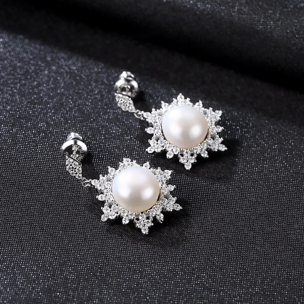 Vintage Snow CZ Stud Earrings Pearl Silver 925 Boho Gift
