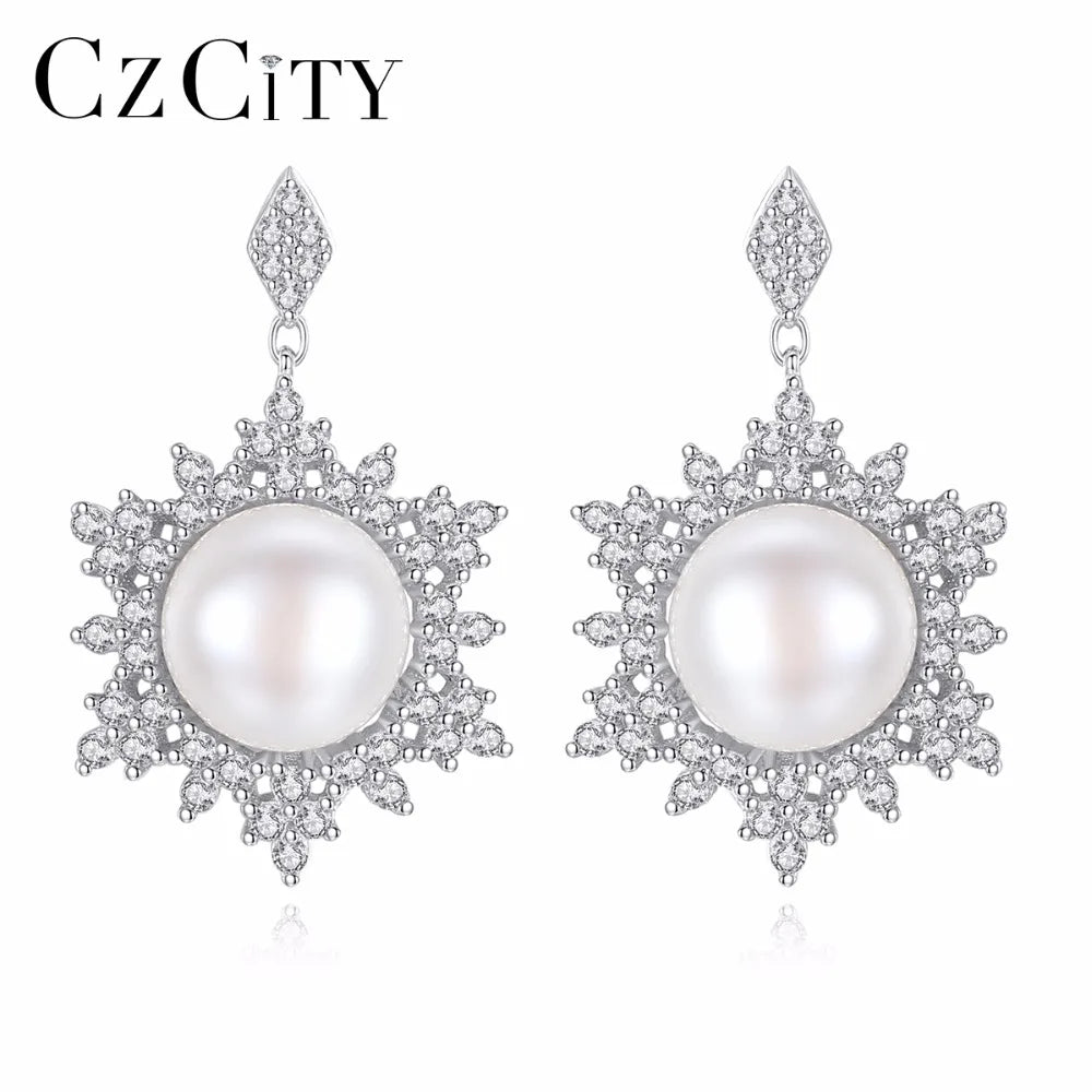 Vintage Snow CZ Stud Earrings Pearl Silver 925 Boho Gift