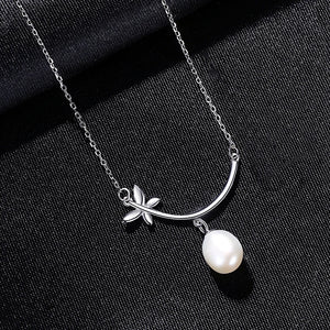 Silver Butterfly Pendant Necklace with Natural Pearl