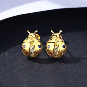 Korea Rainbow CZ Stud Earrings 925 Sterling Silver Ladybug Boucle D'Oreille