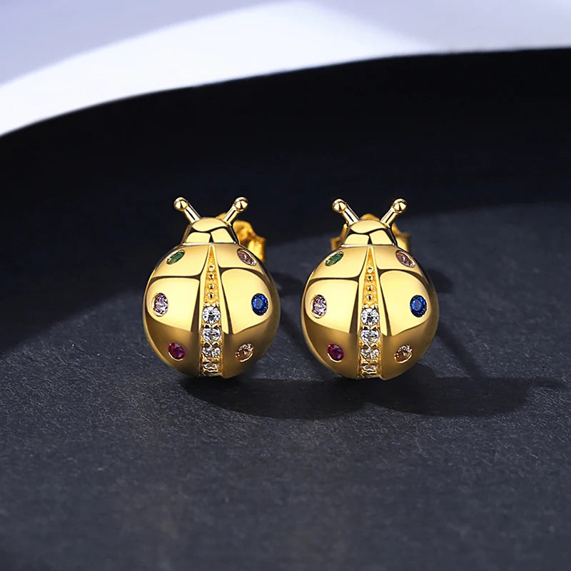 Korea Rainbow CZ Stud Earrings 925 Sterling Silver Ladybug Boucle D'Oreille