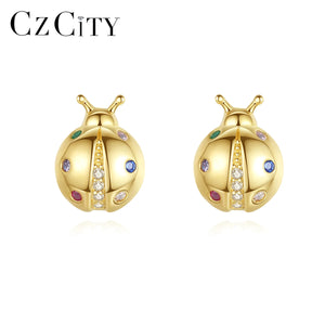 Korea Rainbow CZ Stud Earrings 925 Sterling Silver Ladybug Boucle D'Oreille