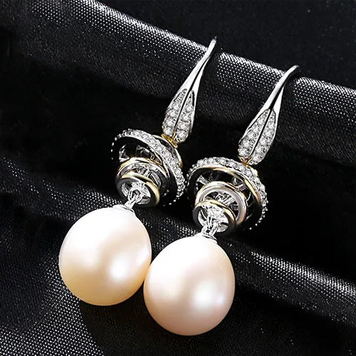 Double Pearl Drop Earrings 925 Silver Wedding Vintage Woman Gift