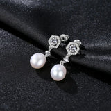 Natural Freshwater Pearl Drop Earrings with CZ Ornament 925 Silver Jewelry