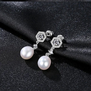 Natural Freshwater Pearl Drop Earrings with CZ Ornament 925 Silver Jewelry