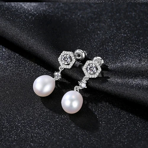 Natural Freshwater Pearl Drop Earrings with CZ Ornament 925 Silver Jewelry