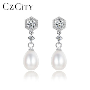 Natural Freshwater Pearl Drop Earrings with CZ Ornament 925 Silver Jewelry