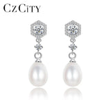 Natural Freshwater Pearl Drop Earrings with CZ Ornament 925 Silver Jewelry