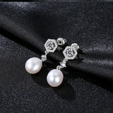 Natural Freshwater Pearl Drop Earrings with CZ Ornament 925 Silver Jewelry