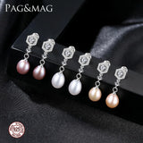 Natural Freshwater Pearl Drop Earrings with CZ Ornament 925 Silver Jewelry