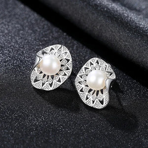 7mm Natural Pearl Stud Earring for Women Hollow Pattern S925 Silver