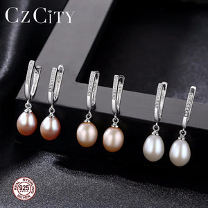 925 Silver 8-9mm Natural Pearl Clip-on Earrings Dangle Hanging Jewelry