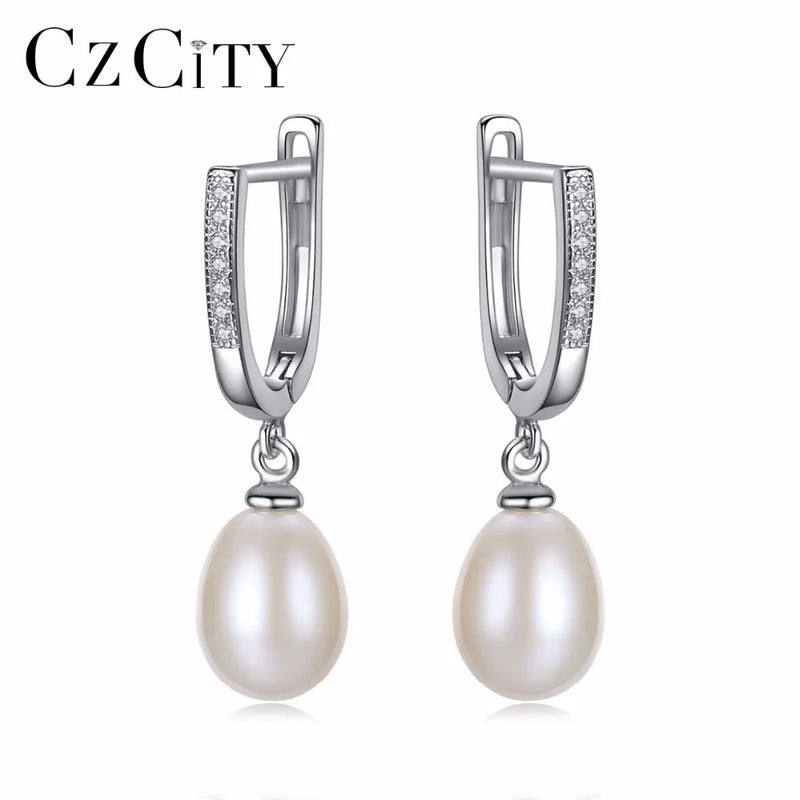 925 Silver 8-9mm Natural Pearl Clip-on Earrings Dangle Hanging Jewelry