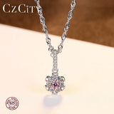 Pink Crystal Zircon Flower Pendant 925 Silver Necklace Jewelry