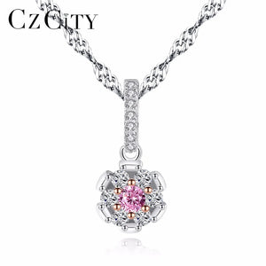 Pink Crystal Zircon Flower Pendant 925 Silver Necklace Jewelry