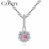 Pink Crystal Zircon Flower Pendant 925 Silver Necklace Jewelry