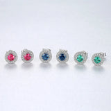 Sparkling Green Red Gemstone Stud Earrings 925 Sterling Silver Fine Jewelry