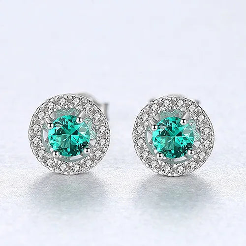 Sparkling Green Red Gemstone Stud Earrings 925 Sterling Silver Fine Jewelry