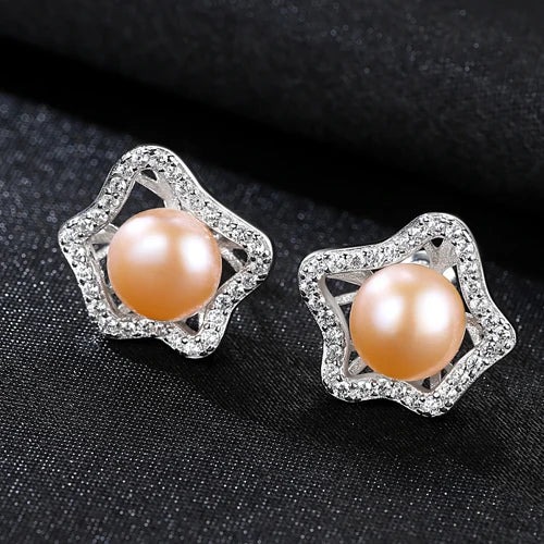 Pearl Stud Earrings S925 Sterling Silver Pink Pearls Bridal Bridesmaid Jewelry