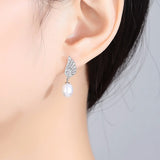 Freshwater Pearl Earrings Silver Drop Earring Wing Shape Wedding Studs