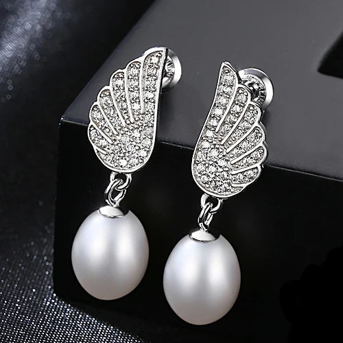 Freshwater Pearl Earrings Silver Drop Earring Wing Shape Wedding Studs