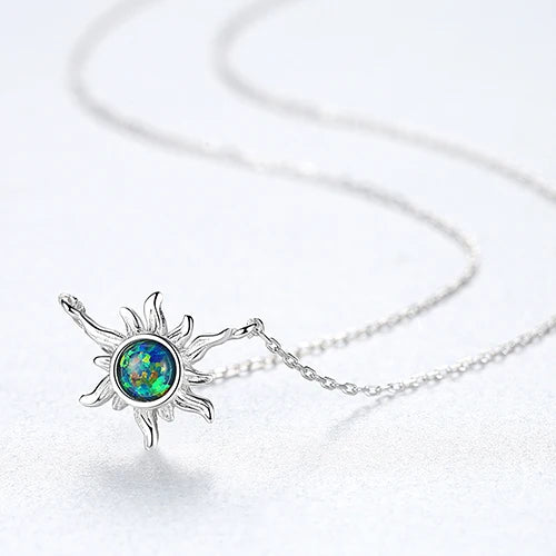925 Silver Sun Flower Opal Pendant Necklace Women 3 Colors