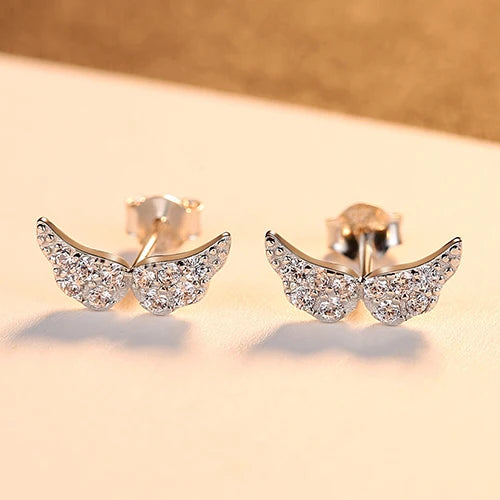 925 Silver Angel Wings Stud Earrings Sparkling Fine Jewelry