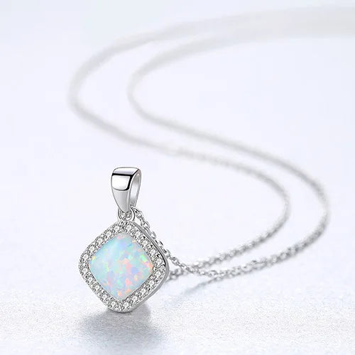 Square Fire Opal Necklace S925 Link Chain Fine Jewellery