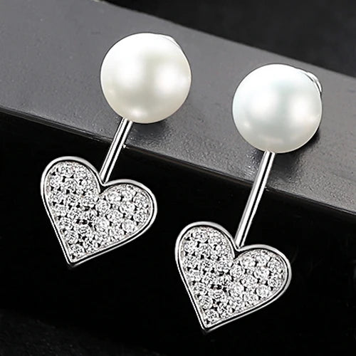 Heart Shape CZ 925 Silver Pearl Women Earrings