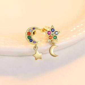 Moon & Star Stud Earrings 925 Silver CZ Stone Romantic Jewelry