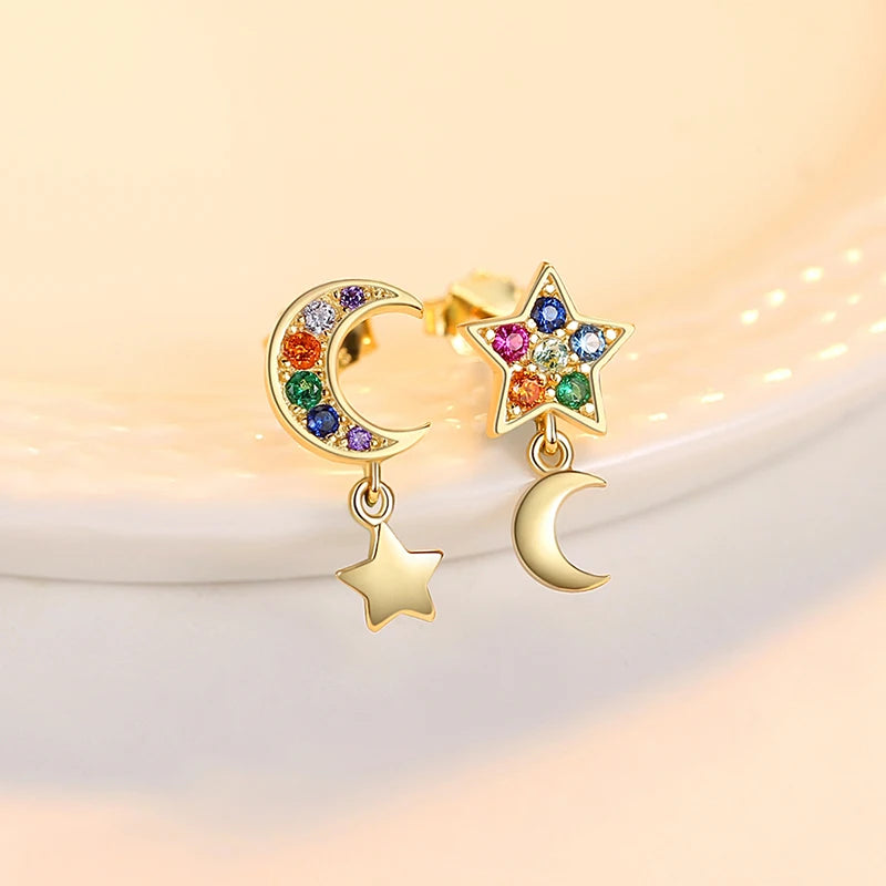 Moon & Star Stud Earrings 925 Silver CZ Stone Romantic Jewelry