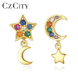Moon & Star Stud Earrings 925 Silver CZ Stone Romantic Jewelry