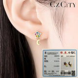 Moon & Star Stud Earrings 925 Silver CZ Stone Romantic Jewelry