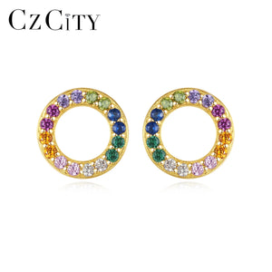 Rainbow CZ Silver 925 Stud Earrings Women Circle Round Small Earings For Girls