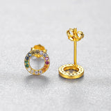 Rainbow CZ Silver 925 Stud Earrings Women Circle Round Small Earings For Girls