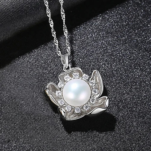 Natural Pearl Flower Pendant Necklace 925 Sterling Silver Kolye