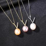 Natural Pearls Pendant Necklace 925 Sterling Silver V-Shape Fine Jewelry