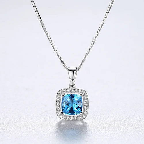 925 Silver Square Sapphire Pendant Necklace for Women