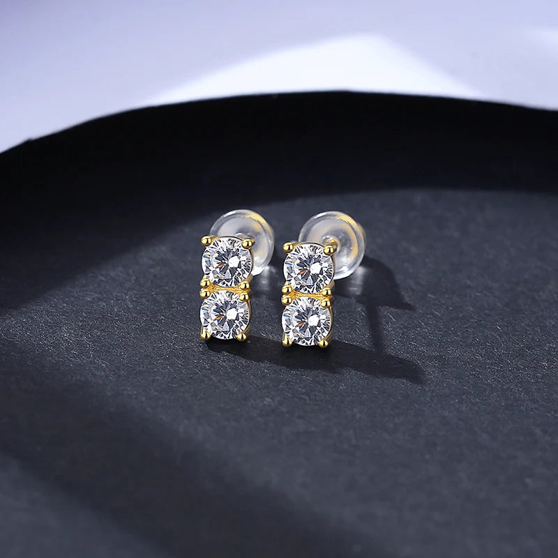 925 Silver Golden Stud Earrings CZ Boucle D'Oreille Gift